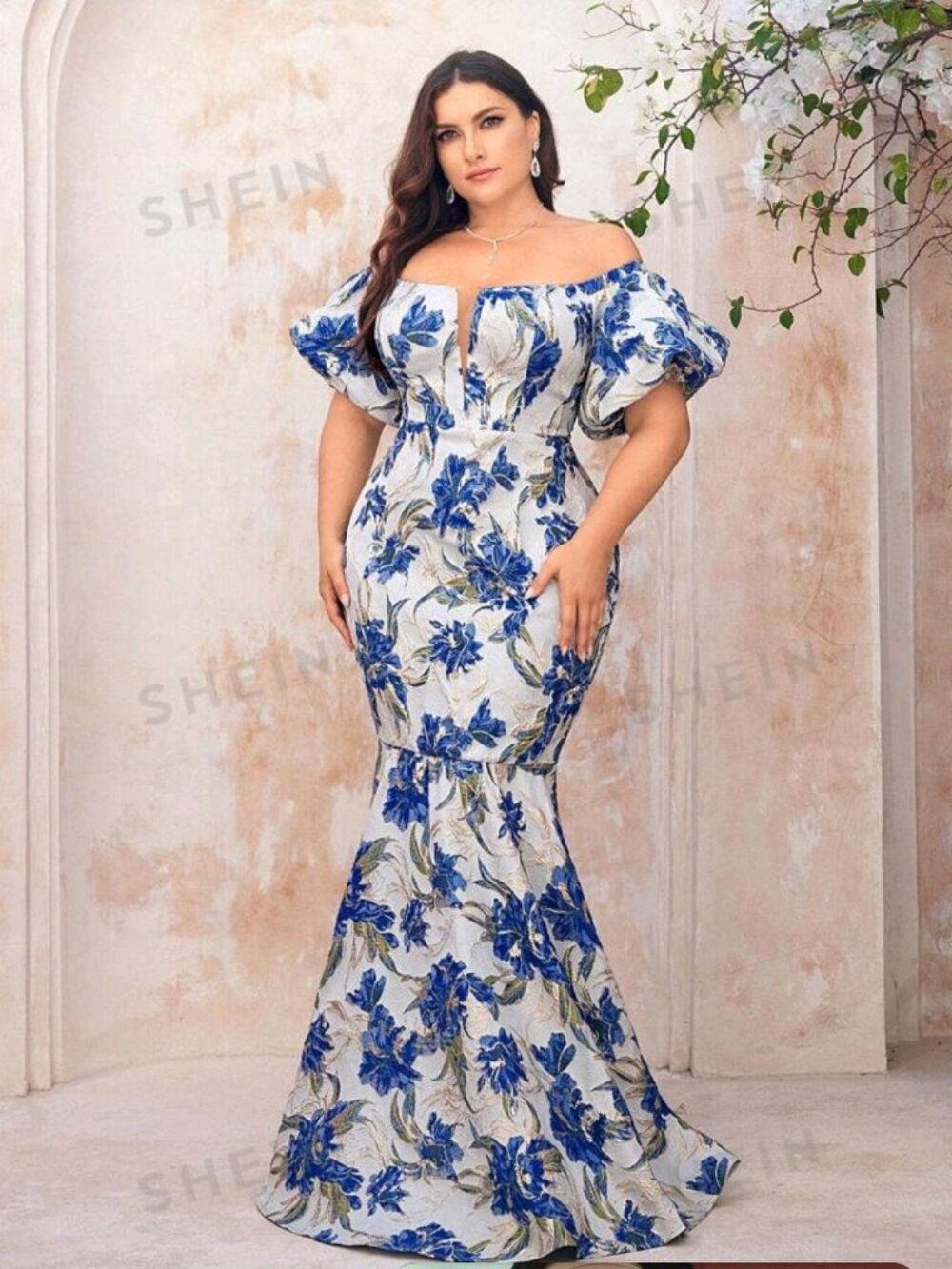 4X Plus Size Blue Gold Brocade Mermaid Formal Gown Puff Sleeve
